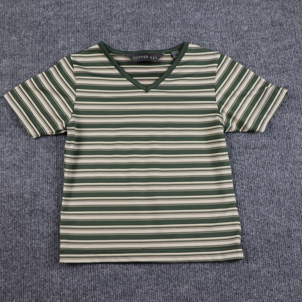 Copper‎ Key Shirt Girls Medium Green White Beige Striped V Neck Short Sleeve
